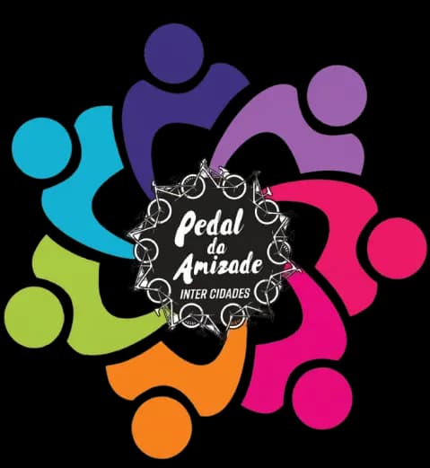 Logo do Pedal da Amizade: bicicletas em um respingo de tinta, cercadas por uma roda de figuras coloridas, com a assinatura Inter Cidades